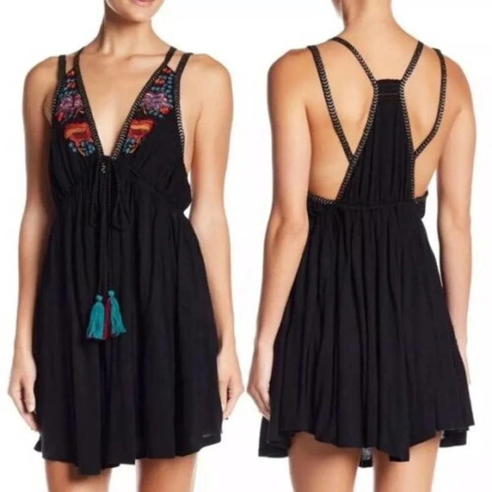 Free People Lovers Cove Embroidered Tassel Mini Dress In Black Size Xs